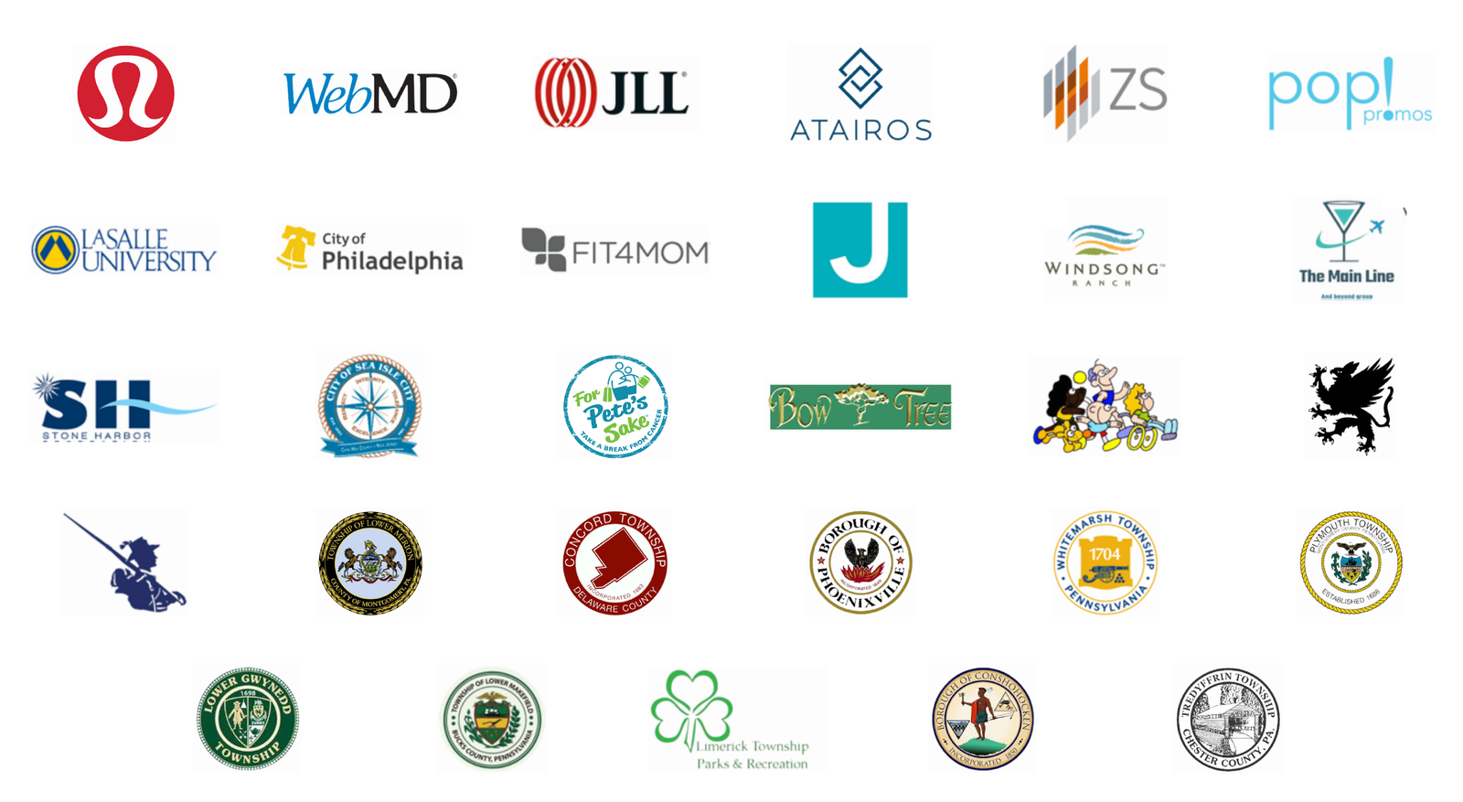 Logos of partners including lululemon, WebMD, JLL, Atairos, ZS, pop! promos, La Salle University, City of Philadelphia, FIT4MOM, Windsong Ranch, The Main Line, Stone Harbor, Sea Isle City and Pennsylvania townships