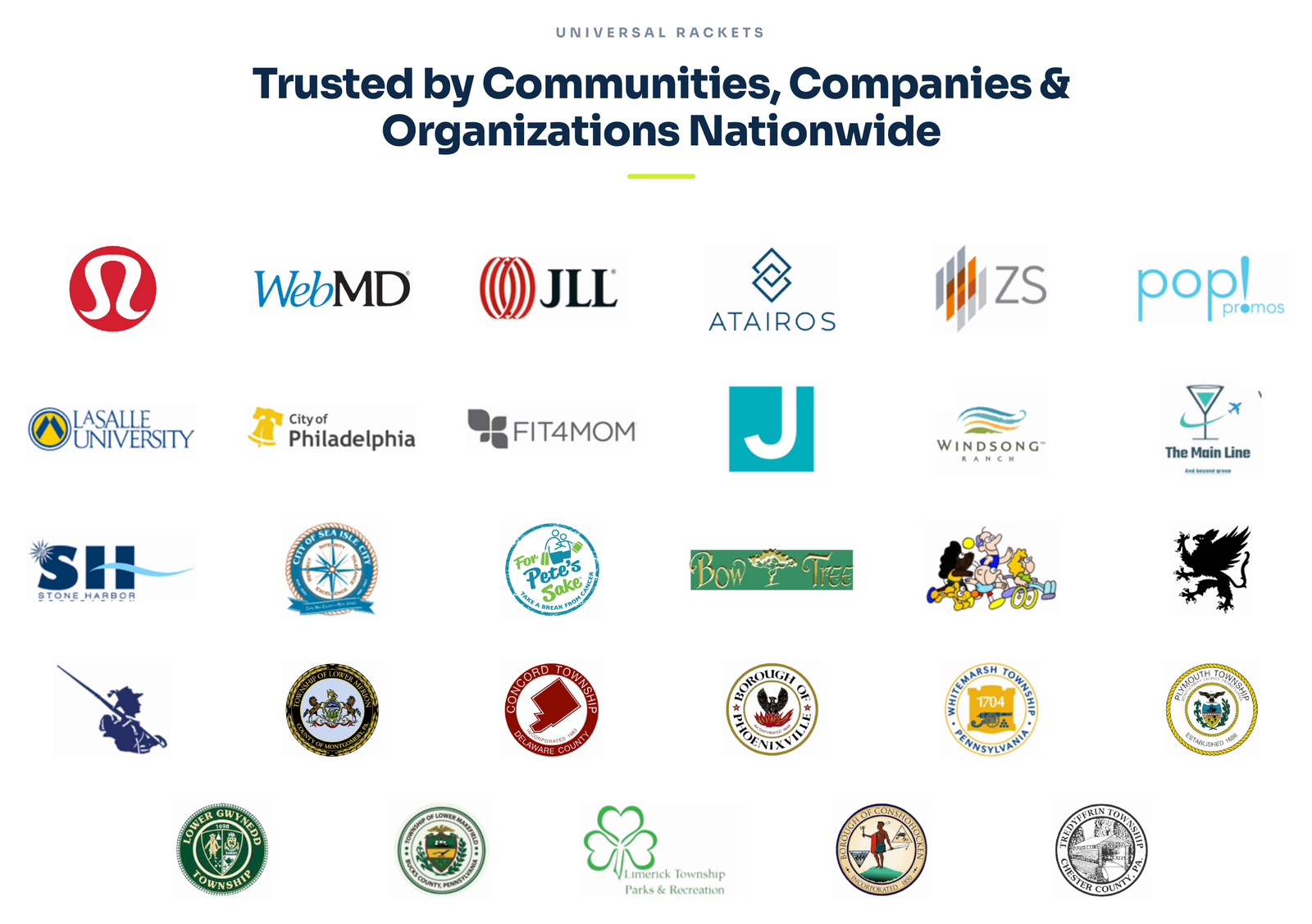 Logos of communities, companies, and organizations that trust Universal Rackets, including lululemon, WebMD, JLL, Atairos, La Salle University, City of Philadelphia, and townships across Pennsylvania and New Jersey